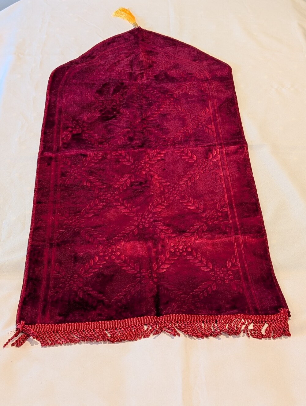 Red Islamic Prayer Rug with Gold Tassel